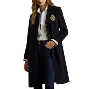 NWT Lauren Ralph Lauren Regal Navy Crest-Patch Wool-Blend Coat Size 10 Blk Label